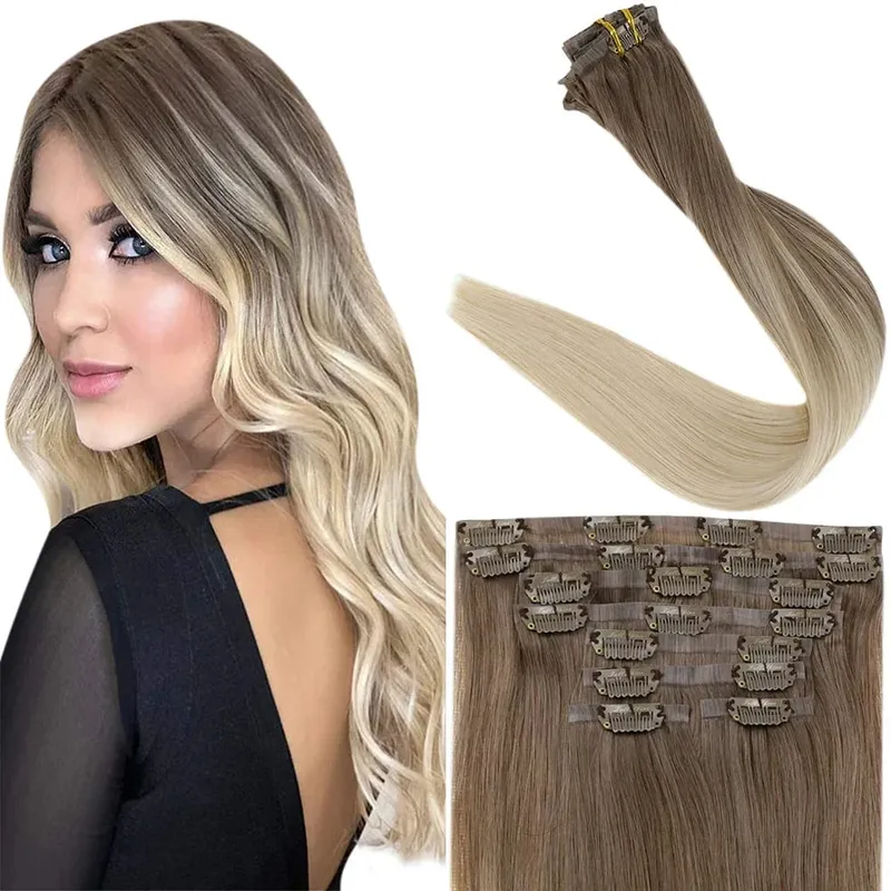 Clip invisibile senza cuciture nelle estensioni dei capelli umani Full Shine 8 pezzi 120 g Colore biondo Remy Balayage — image 1