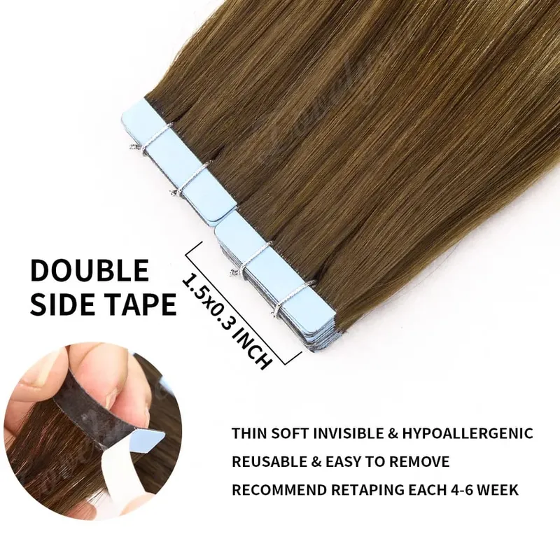 Balayage Tape In Hair Extensions Human Hair 100% Remy Hair Straight Seamless Invisible 20Pcs/40Pcs Tape Ins Human Hair Chick End