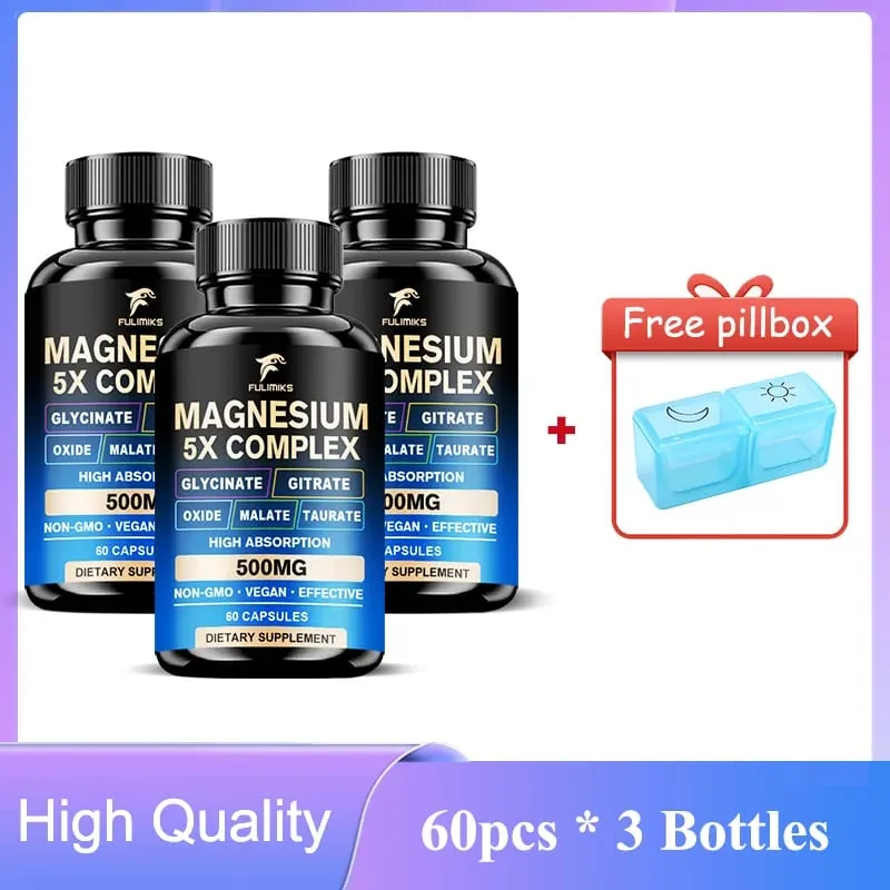 Magnesiumpillen-Ergänzungsmittel, 5-in-1-Komplex, Glycinat, Citrat, Malat, Tauratoxid, unterstützt Stress, Muskeln, Knochen, Herz, Schlaf