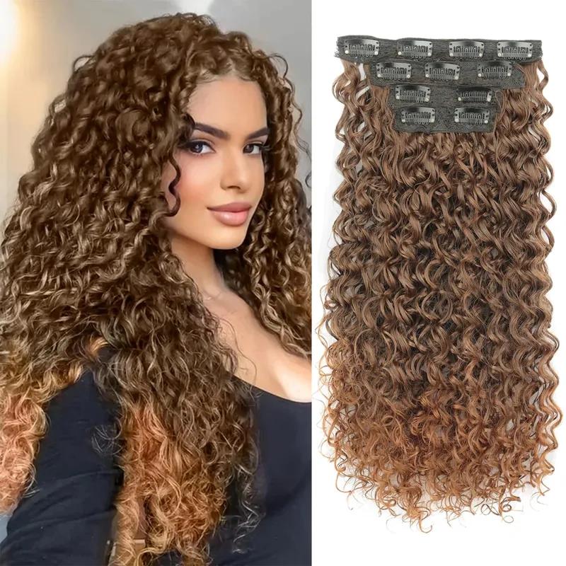 Synthetic Kinky Curly Clip On Hair Extensions Fluffy Messy Heat Resistant Fiber Black Blonde Hair Extensions For Women — image 6