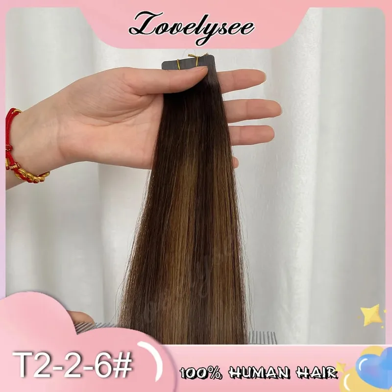 Balayage Tape In Hair Extensions Human Hair 100% Remy Hair Straight Seamless Invisible 20Pcs/40Pcs Tape Ins Human Hair Chick End