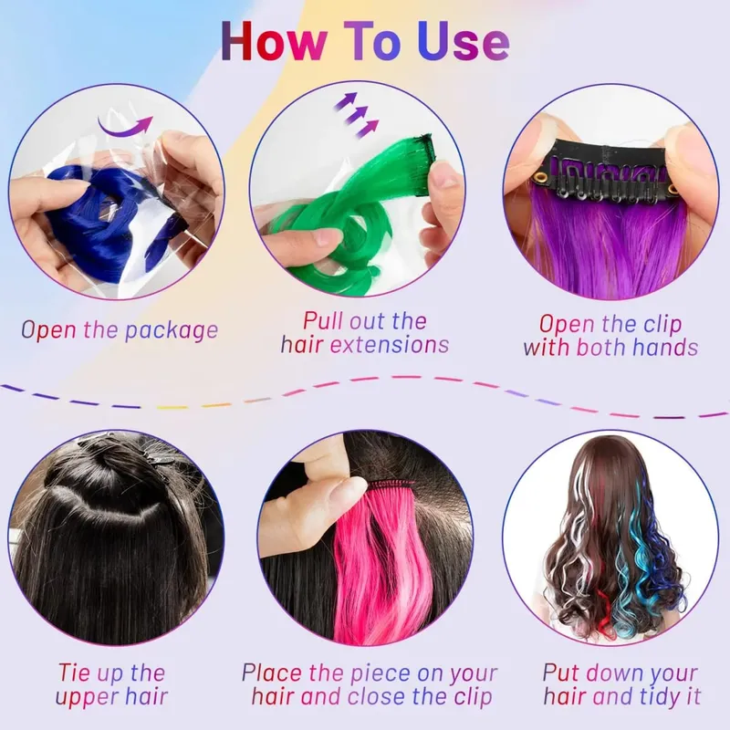 22Iinch Colored Curly Wavy Clip in Hair Extensions for Women Multi-colors Party Highlights Synthetic Rainbow Hairpiece (9 PCS)