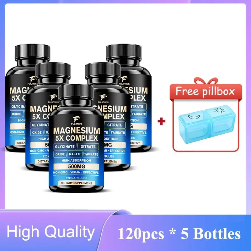 Magnesiumpillen-Ergänzungsmittel, 5-in-1-Komplex, Glycinat, Citrat, Malat, Tauratoxid, unterstützt Stress, Muskeln, Knochen, Herz, Schlaf