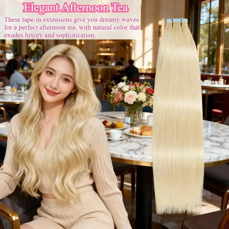 Blonde Tape in Hair Extensions Human Hair Platinum #613 Straight Seamless Skin Weft Tape in Real Human Hair Extensions 50G