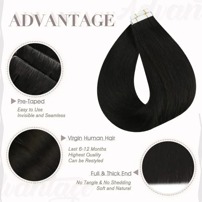 Tape in Hair Extensions Human Hair Black Remy Hair Extensions #1B Natural Black Hair Extensions Straight Tape in Human