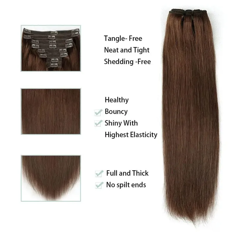 Straight Human Hair Clip in Hair Extensions 100% Unprocessed Full Head Brazilian Virgin Hair Natural Black Color 8Pcs With 120G