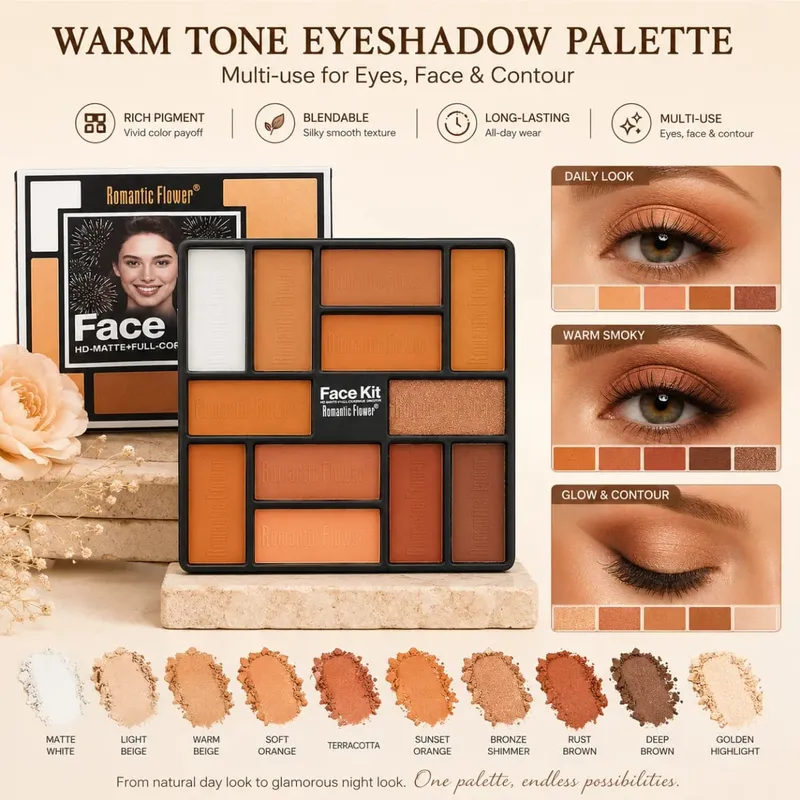 2-in-1 Color-Adapting Foundation Stick with Blending Brush and Warm Tone Eyeshadow Palette Makeup Set Novice beauty set