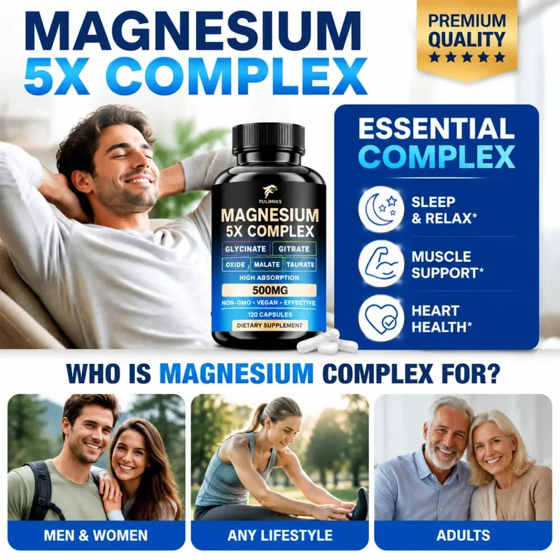 Magnesiumpillen-Ergänzungsmittel, 5-in-1-Komplex, Glycinat, Citrat, Malat, Tauratoxid, unterstützt Stress, Muskeln, Knochen, Herz, Schlaf