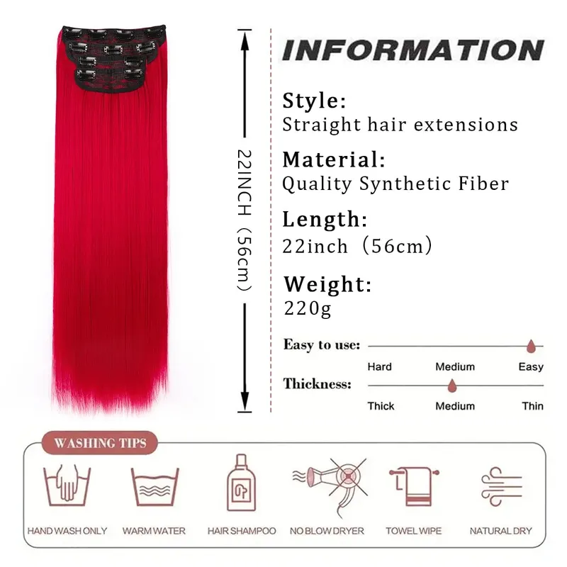 Clip In Synthetic Hair Extensions Long Straight 4PCS Thick Black Fiber Double Weft Natural Hairpieces 22 Inch For Women