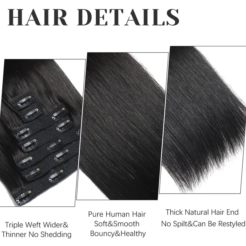 Straight Human Hair Clip in Hair Extensions 100% Unprocessed Full Head Brazilian Virgin Hair Natural Black Color 8Pcs With 120G