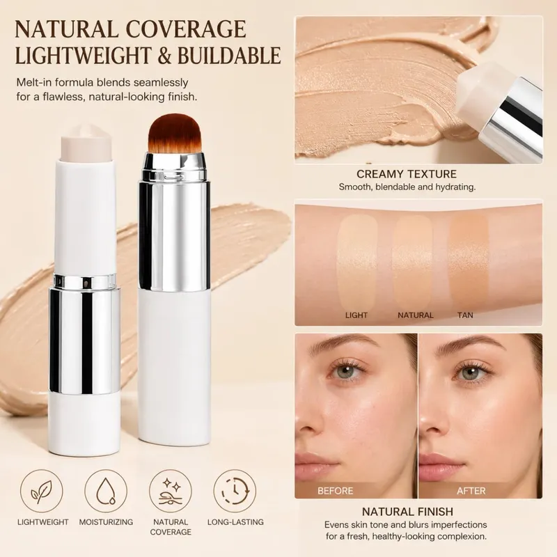 2-in-1 Color-Adapting Foundation Stick with Blending Brush and Warm Tone Eyeshadow Palette Makeup Set Novice beauty set