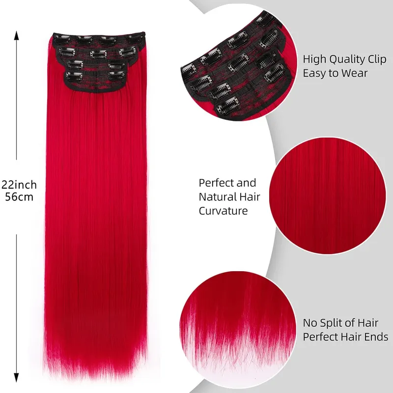Clip In Synthetic Hair Extensions Long Straight 4PCS Thick Black Fiber Double Weft Natural Hairpieces 22 Inch For Women