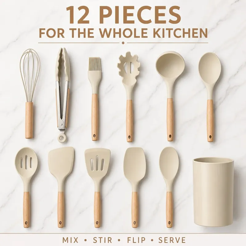 12PCS Silicone Kitchen Utensils Set with Holder - Nonstick Heat Resistant Wooden Handle Cooking Gadgets Set with Spatula Whisk Tongs & Spoon for Home Essentials