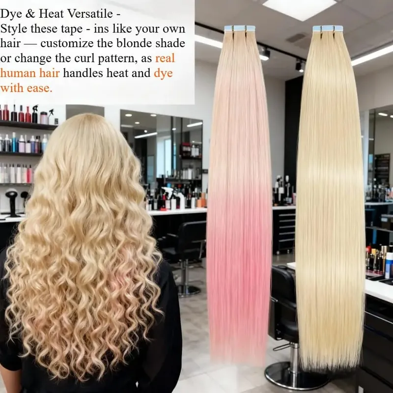 Blonde Tape in Hair Extensions Human Hair Platinum #613 Straight Seamless Skin Weft Tape in Real Human Hair Extensions 50G