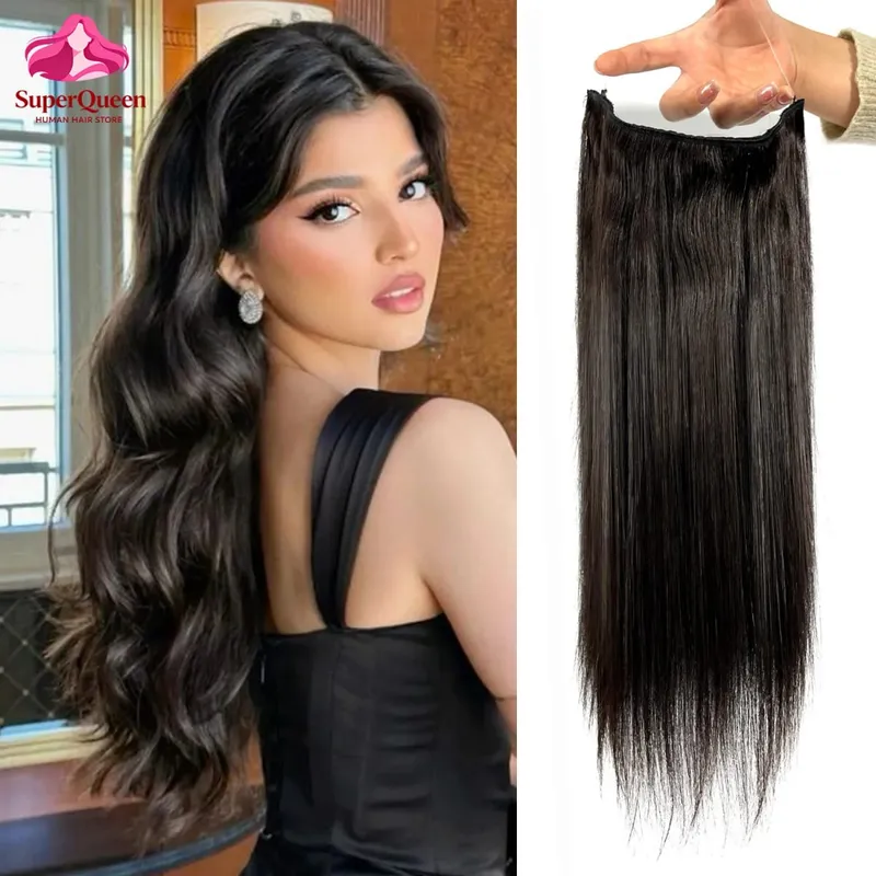 #1B Halo Extensions Human Hair With Clips Natural Black Clip In Hair Extensions Invisible Wire Hair Human Hair Extensions 26In — image 1