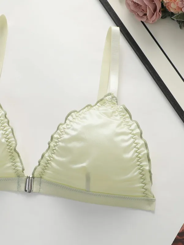 2Sets Women Satin Triangle Lingerie Set Wireless Front Closure Bra with Ruffle Trim Soft Comfortable Bra and Panty Set for Daily — image 3