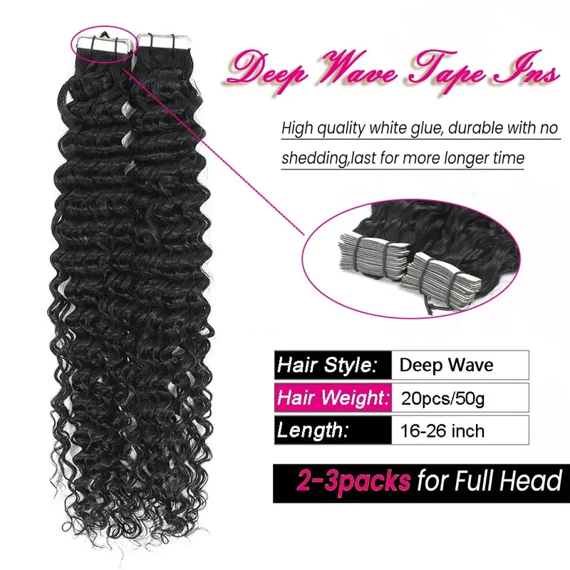 Deep Wave Tape In Hair Extensions Human Hair Skin Weft Seamless Invisible Clip-In And Tape-In Hair Extensions 20Pcs 50G/Pack