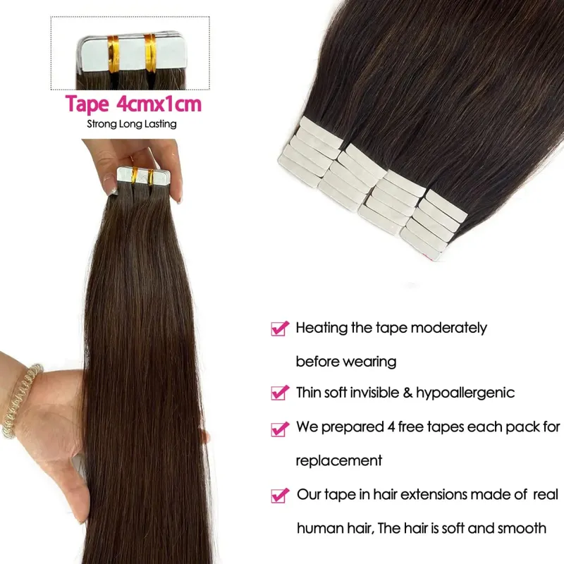 Tape In Hair Extensions Human Hair Dark Brown 50G 20Pcs Invisible Seamless Skin Weft Remy Human Hair Brown Tape Hair Extensions