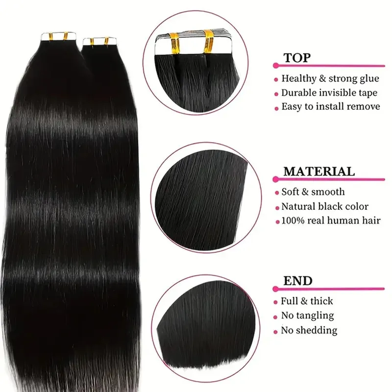 Tape in Hair Extensions Natural Black Straight 100% Remy Human Hair 20pcs 50g/pack Straight Seamless Skin Weft Tape in Extension