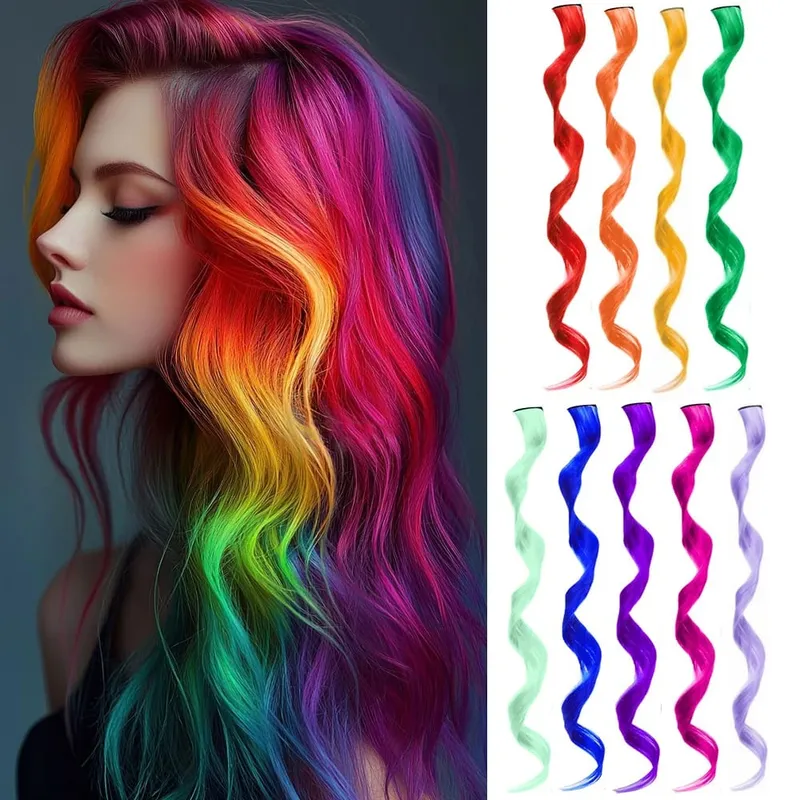 22Iinch Colored Curly Wavy Clip in Hair Extensions for Women Multi-colors Party Highlights Synthetic Rainbow Hairpiece (9 PCS)