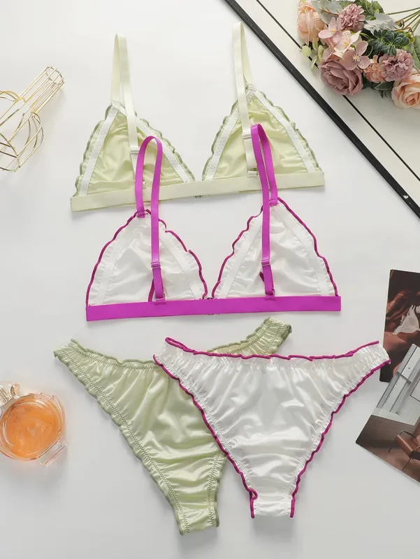 2Sets Women Satin Triangle Lingerie Set Wireless Front Closure Bra with Ruffle Trim Soft Comfortable Bra and Panty Set for Daily — image 2