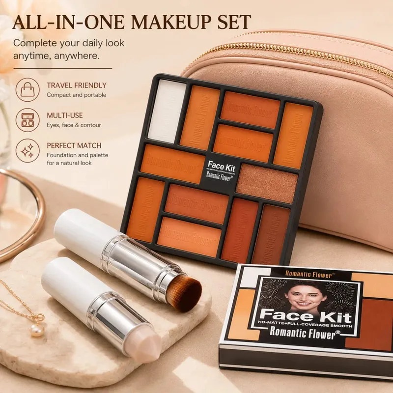 2-in-1 Color-Adapting Foundation Stick with Blending Brush and Warm Tone Eyeshadow Palette Makeup Set Novice beauty set