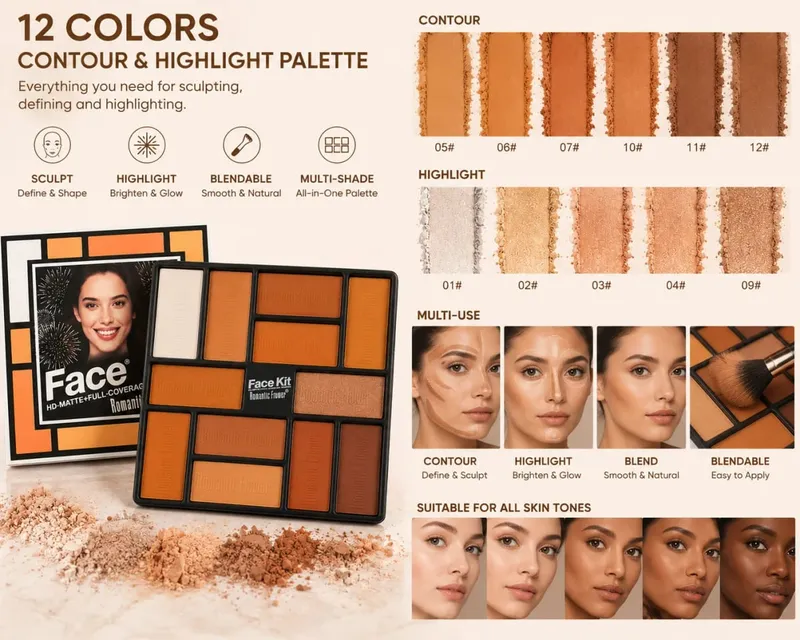2-in-1 Color-Adapting Foundation Stick with Blending Brush and Warm Tone Eyeshadow Palette Makeup Set Novice beauty set