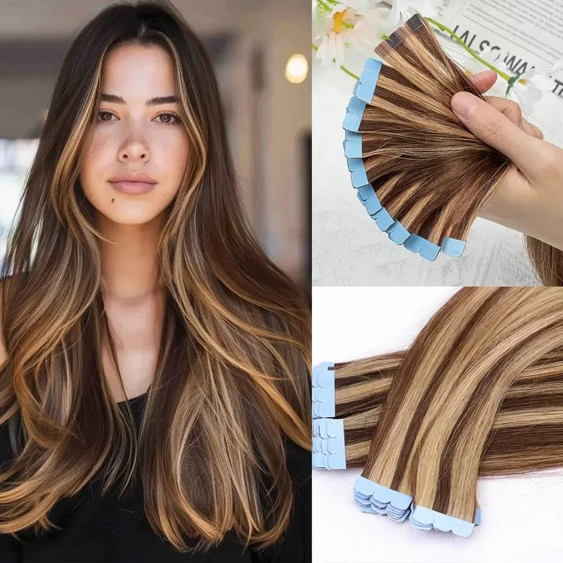 Blonde Mini Tape in Human Hair Extensions Double Side Seamless Natural Straight Black Brown Tape Ins Hair Extensions 10pcs/set