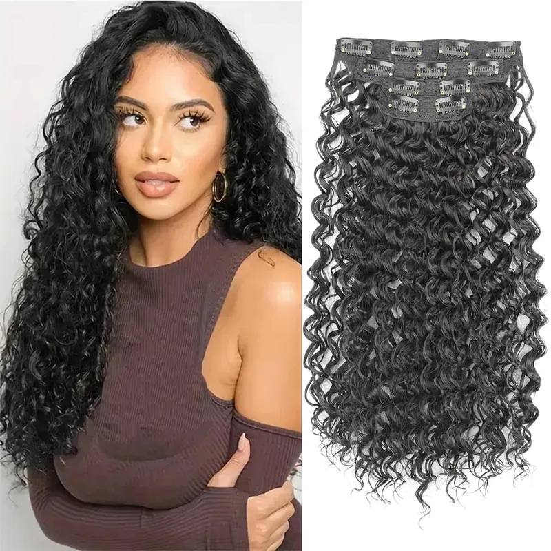 Synthetic Kinky Curly Clip On Hair Extensions Fluffy Messy Heat Resistant Fiber Black Blonde Hair Extensions For Women