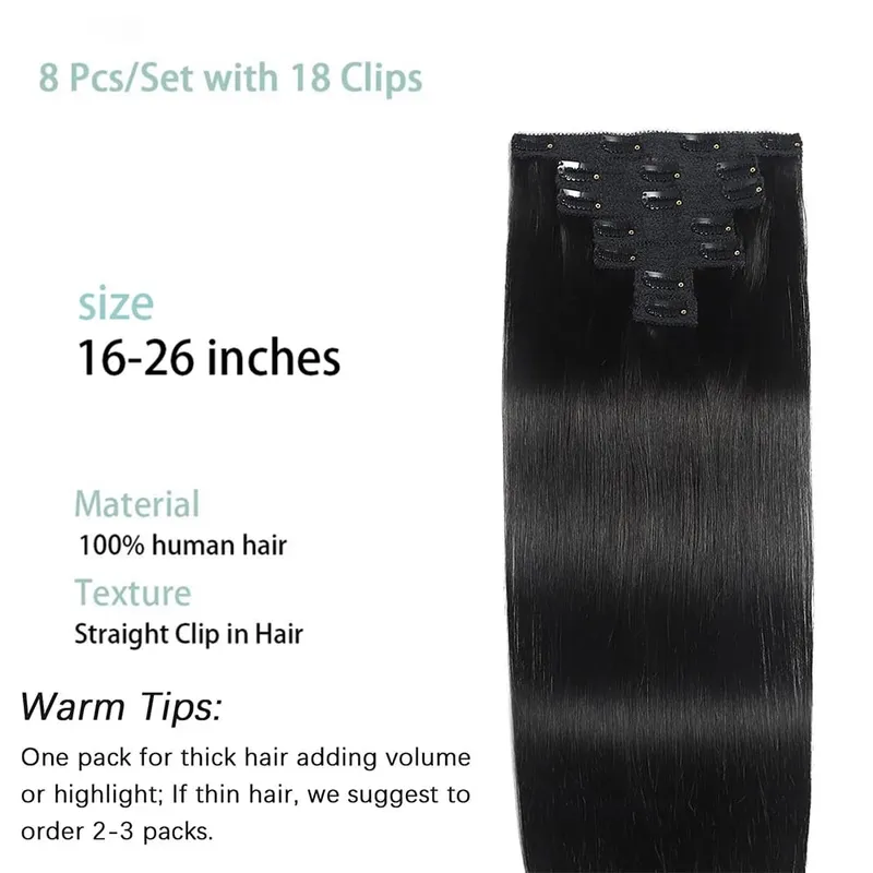Straight Human Hair Clip in Hair Extensions 100% Unprocessed Full Head Brazilian Virgin Hair Natural Black Color 8Pcs With 120G