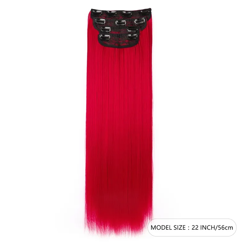Clip In Synthetic Hair Extensions Long Straight 4PCS Thick Black Fiber Double Weft Natural Hairpieces 22 Inch For Women