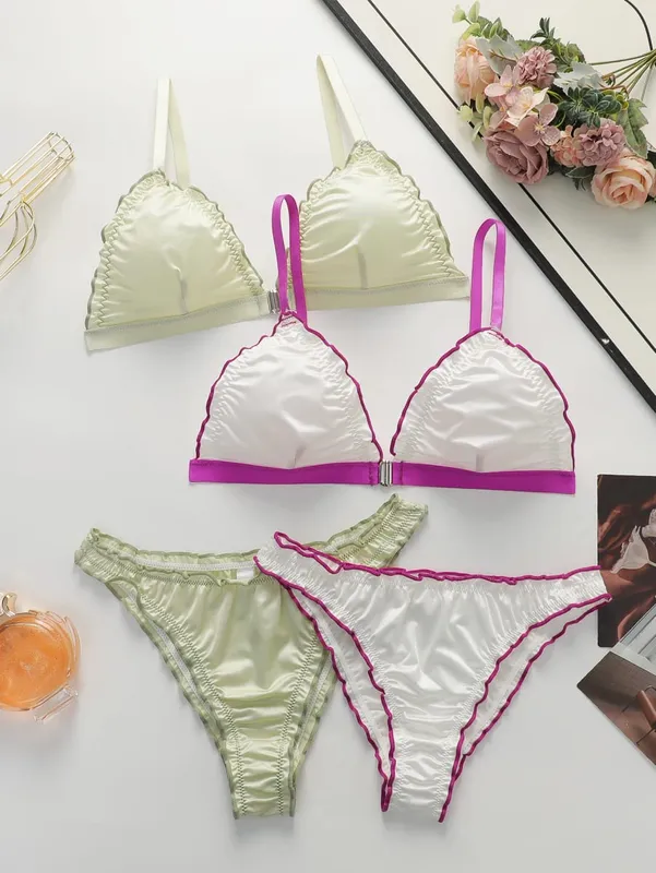 2Sets Women Satin Triangle Lingerie Set Wireless Front Closure Bra with Ruffle Trim Soft Comfortable Bra and Panty Set for Daily