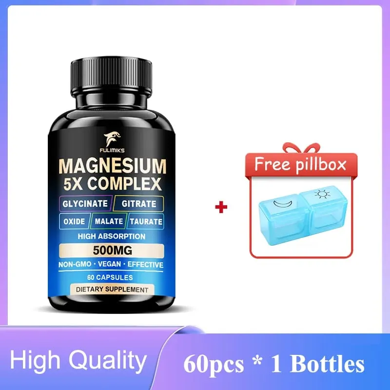 Magnesiumpillen-Ergänzungsmittel, 5-in-1-Komplex, Glycinat, Citrat, Malat, Tauratoxid, unterstützt Stress, Muskeln, Knochen, Herz, Schlaf