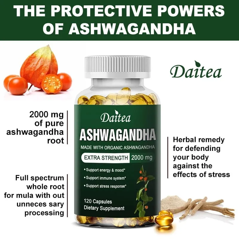 Daitea Organic Ashwagandha Extract Capsules 2000mg for Mood Sleep Energy Support - Antioxidant Supplement