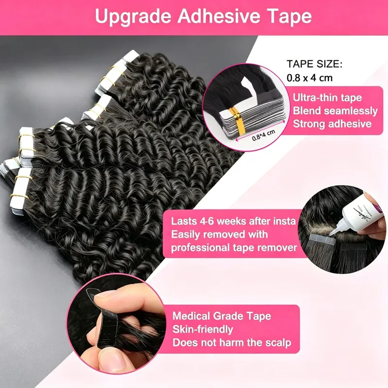 Deep Wave Tape In Hair Extensions Human Hair Skin Weft Seamless Invisible Clip-In And Tape-In Hair Extensions 20Pcs 50G/Pack