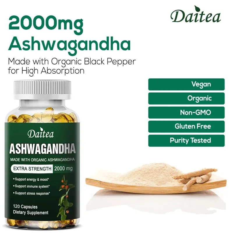 Daitea Organic Ashwagandha Extract Capsules 2000mg for Mood Sleep Energy Support - Antioxidant Supplement