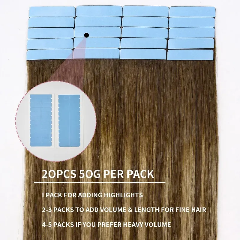 Balayage Tape In Hair Extensions Human Hair 100% Remy Hair Straight Seamless Invisible 20Pcs/40Pcs Tape Ins Human Hair Chick End