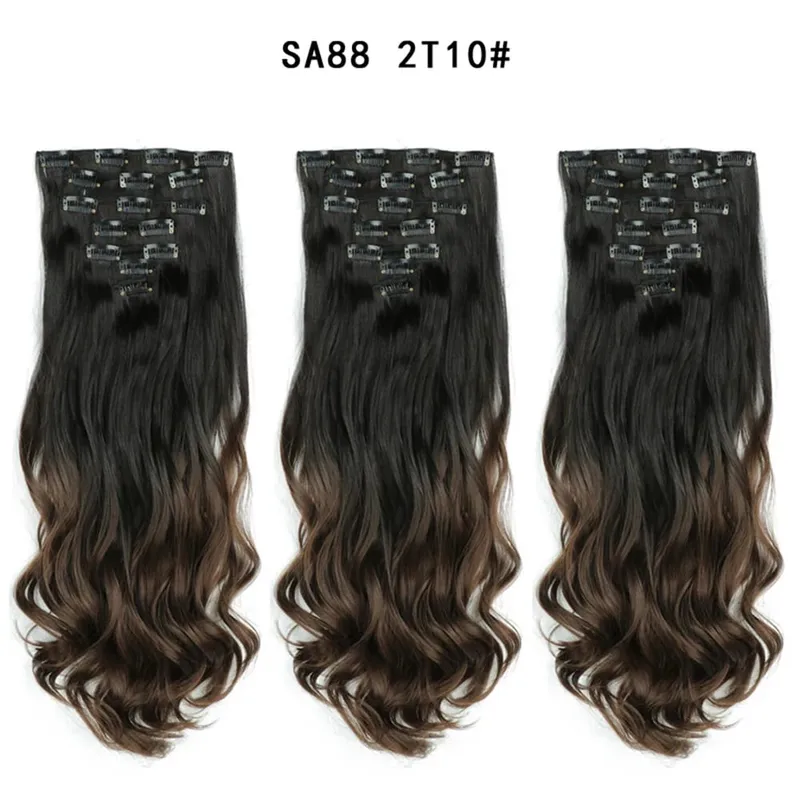 22Inch Curly 16 Clips in Hair Extension Ombre Blue Gray Synthetic Fake Hairpieces Highlight Heat Resistent Fiber For White Women