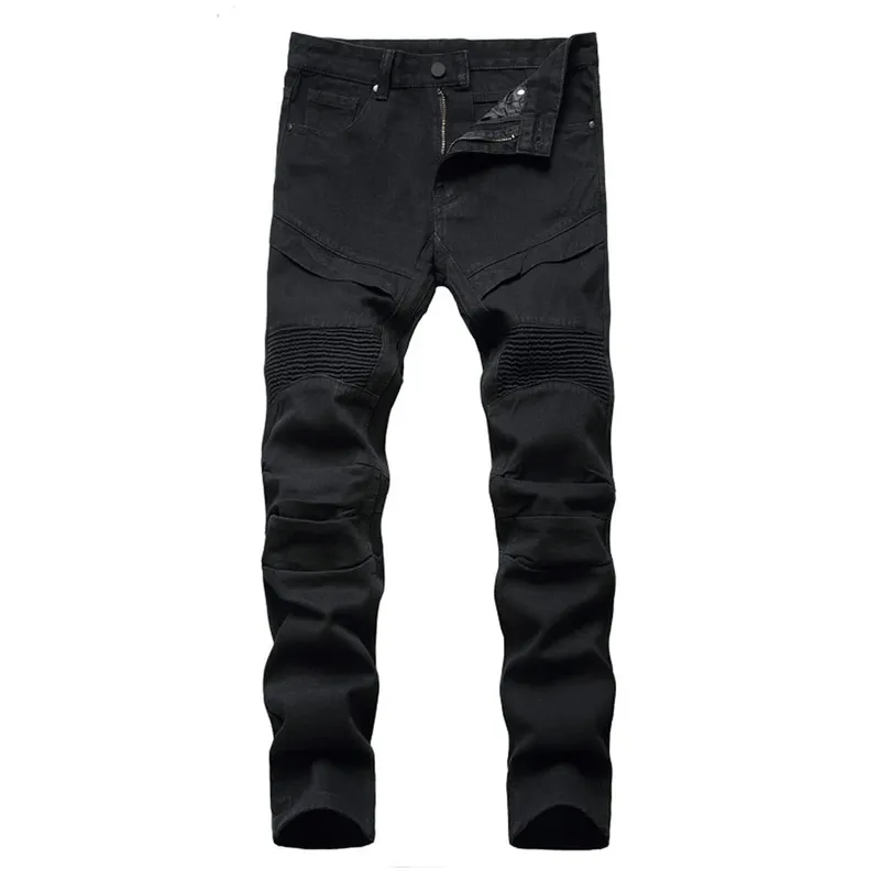 Men's Biker Jeans Black White Pleated Denim Pants Plus Size Slim Straight Classic Trousers