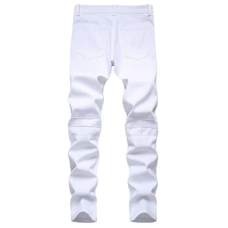 Men's Biker Jeans Black White Pleated Denim Pants Plus Size Slim Straight Classic Trousers