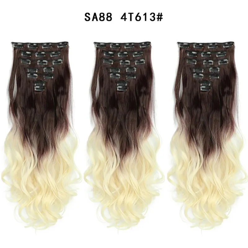 22Inch Curly 16 Clips in Hair Extension Ombre Blue Gray Synthetic Fake Hairpieces Highlight Heat Resistent Fiber For White Women