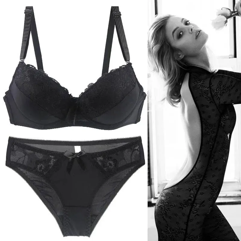 2021 New Women Push Up Bra Sets Intimates Lace Thongs Underwear Solid Bow 70-105 BCDE Cup Female Plus Size Lingerie — image 2