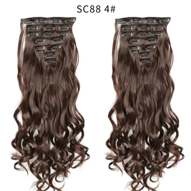 22Inch Curly 16 Clips in Hair Extension Ombre Blue Gray Synthetic Fake Hairpieces Highlight Heat Resistent Fiber For White Women