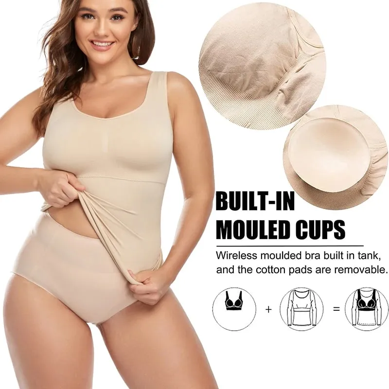 Tank Top untuk Wanita dengan Bra Rak Bra Bawaan Kamisol Dasar Tali Lebar Kasual Pembentuk Atasan Tanpa Lengan dengan Bra yang Dapat Dilepas