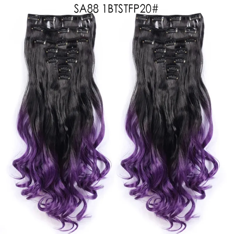 22Inch Curly 16 Clips in Hair Extension Ombre Blue Gray Synthetic Fake Hairpieces Highlight Heat Resistent Fiber For White Women