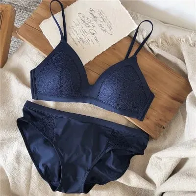 Set reggiseno sexy senza fili in cotone sottile con coppa in pizzo, reggiseno e mutandine alla moda, set intimo senza pietre, slip bralette da donna