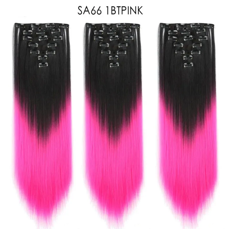 22Inch Synthetic Long Straight Clip In Hair Extensions 16 Clips For Women Fake False Hair Pieces Ombre Black Blonde Styling Hair