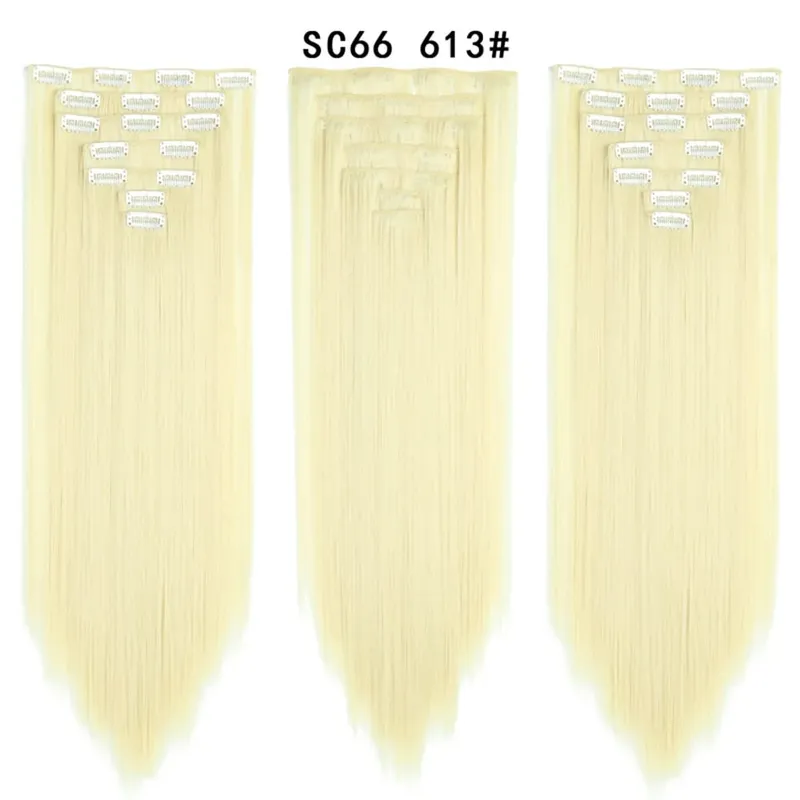 22Inch Synthetic Long Straight Clip In Hair Extensions 16 Clips For Women Fake False Hair Pieces Ombre Black Blonde Styling Hair