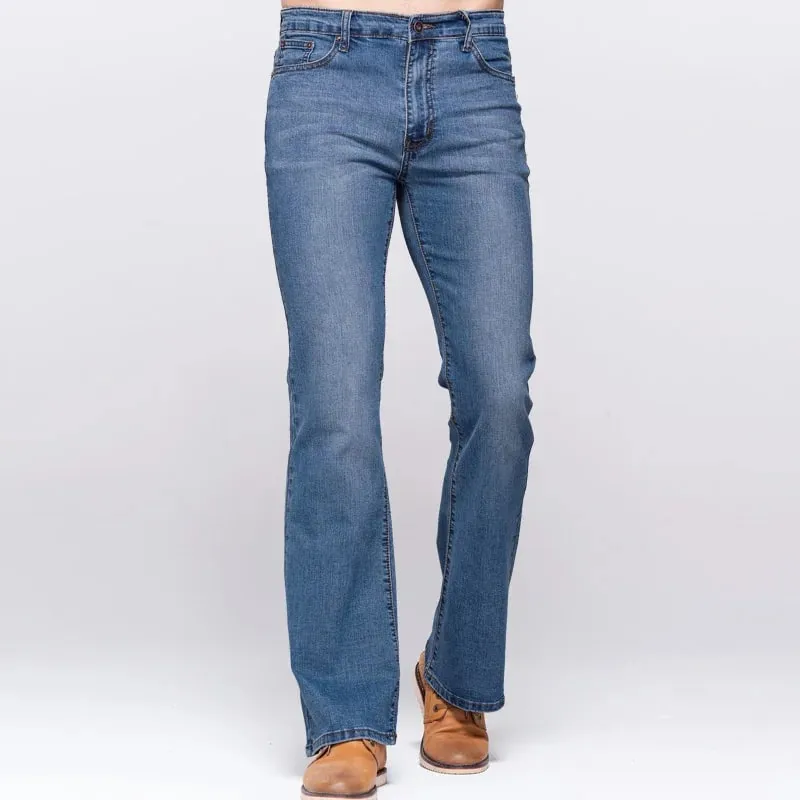 Mens Slim Boot Cut Jeans Classic Stretch Denim Slightly Flare Sky Blue Jeans Casual Stretch Jeans