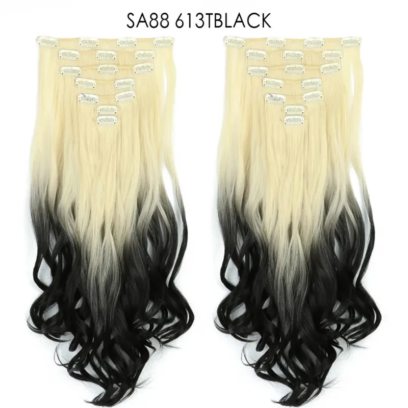 22Inch Curly 16 Clips in Hair Extension Ombre Blue Gray Synthetic Fake Hairpieces Highlight Heat Resistent Fiber For White Women